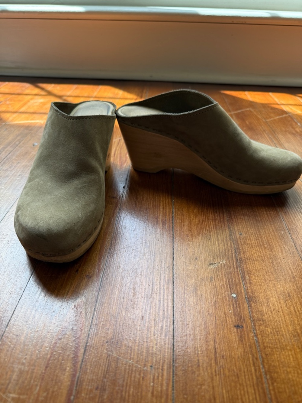 No. 6 Tan Suede Slip-On Wedge Clogs
